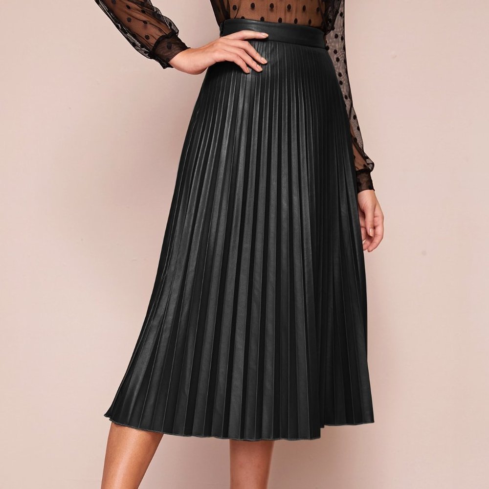 Black Preppy Womens Zipper Side Pleated PU Skirt Workwear - Picture 4 of 5